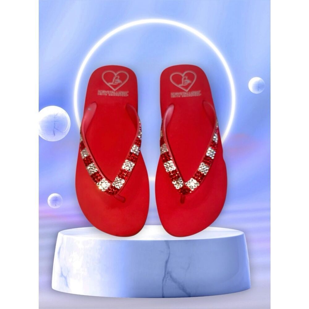 SWAROVSKI CRYSTALS Sandals Lady Lanells Roski Platform Wedge Thong Red Size 6.